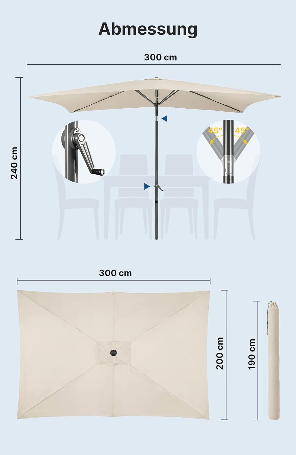 4smile Sonnenschirm Balkon mit Kurbel, Sonnenschirm rechteckig 300x200 cm | UV 50+ Sonnenschutz Balk