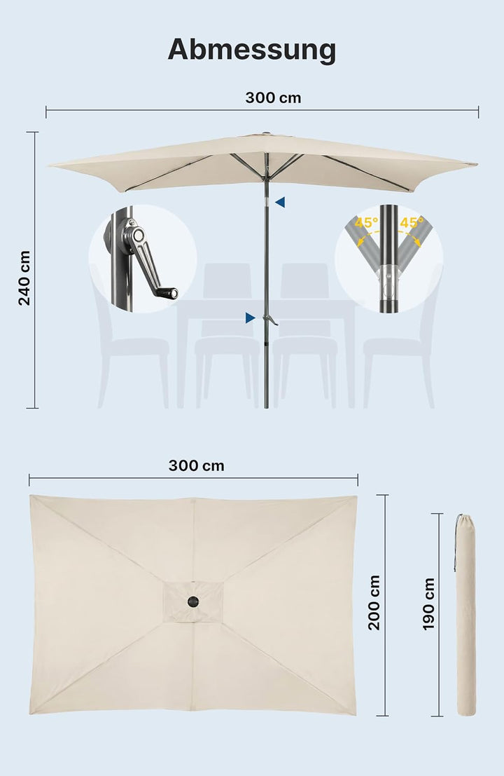 4smile Sonnenschirm Balkon mit Kurbel, Sonnenschirm rechteckig 300x200 cm | UV 50+ Sonnenschutz Balk