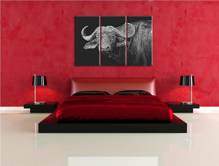 Dark Wasserbüffel Spezial 3-Teiler Leinwandbild 120x80 Bild auf Leinwand, XXL riesige Bilder fertig