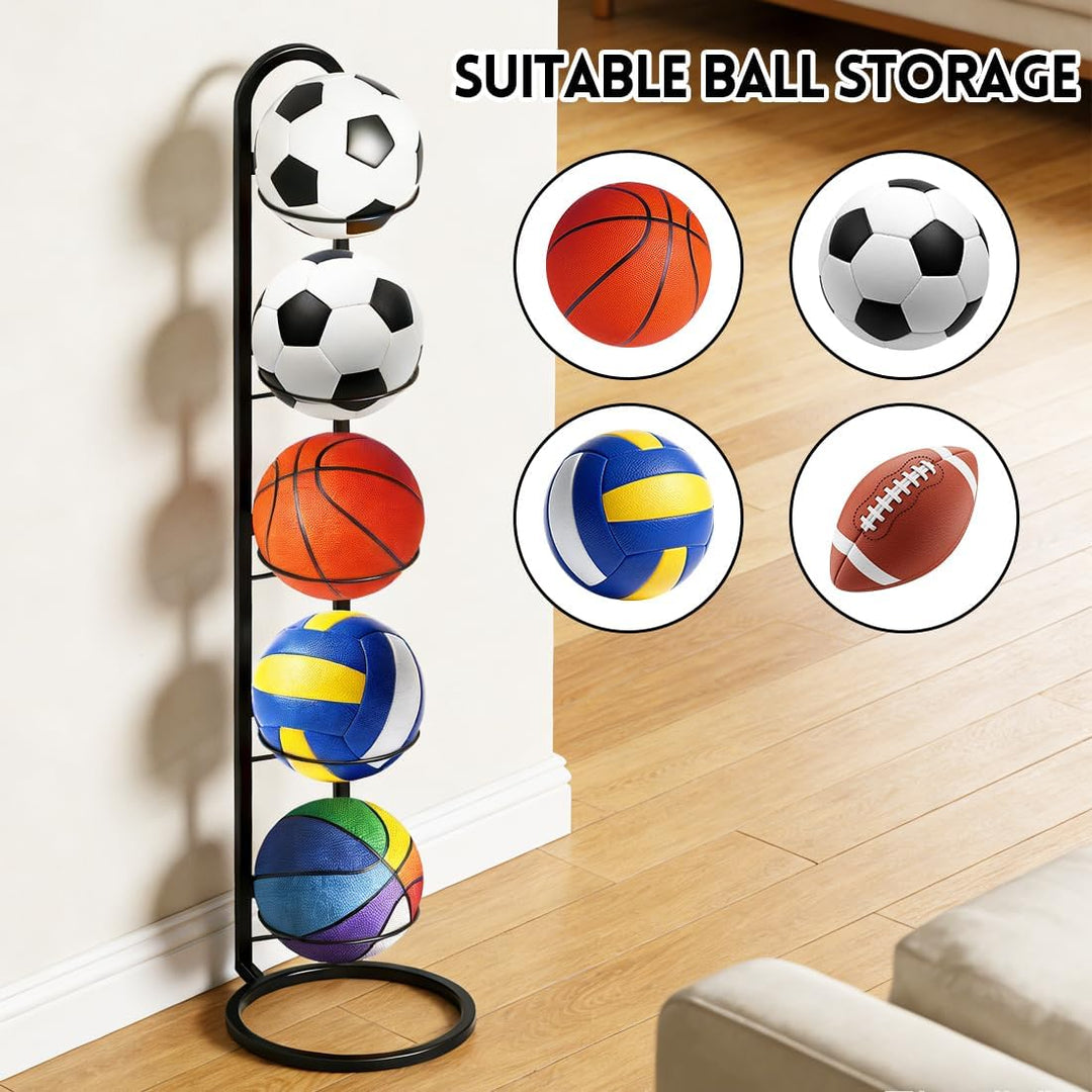 5 Stufiger Ballständer Schwarz, Vertikale Ballaufbewahrung, Abnehmbares Ballregal, Ballhalter aus Me