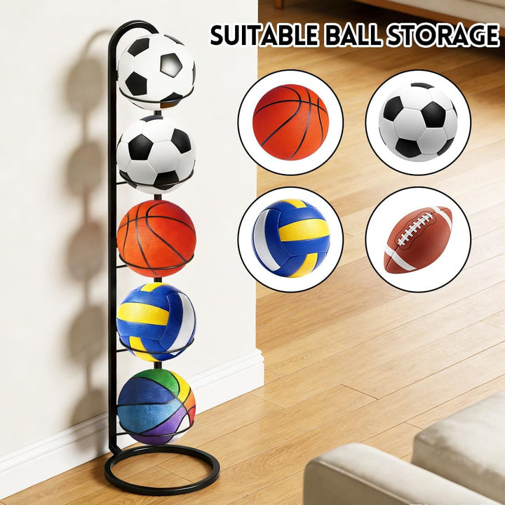 5 Stufiger Ballständer Schwarz, Vertikale Ballaufbewahrung, Abnehmbares Ballregal, Ballhalter aus Me