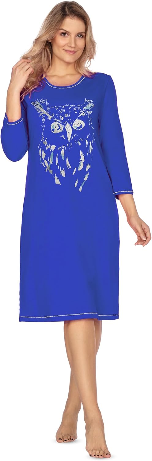 e.Femme® Damen Nachthemd Jenny 1113 aus 93% Baumwolle und 7% Elasthan, mit Eule Kornblau 36, Kornbla