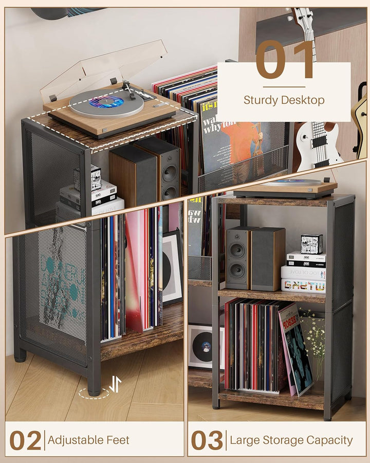 Plattenspieler-Ständer mit Stauraum für Vinylplatten, Vinyl Aufbewahrung Metall Regal bis zu 200+ Al