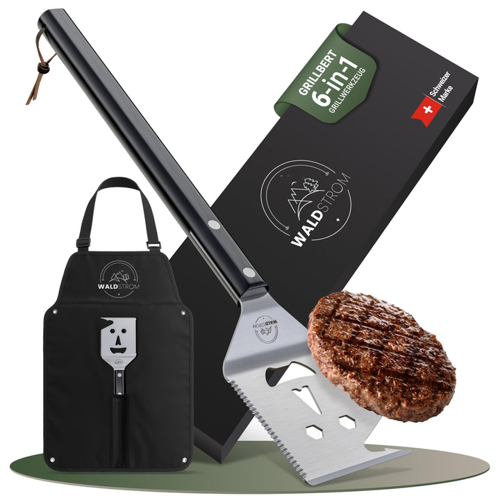 6-in-1 Grillspachtel Multitool I Grill Zubehör Set mit inklusive Grillschürze - ideales BBQ Geschenk