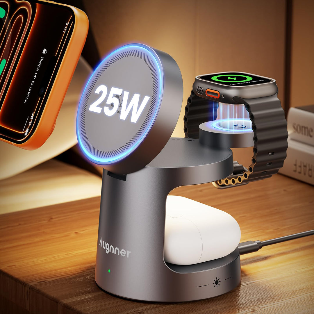 Ladestation Apple Watch und iPhone für Magsafe, 4-in-1 Induktive Ladestation 25W, Klappbar Kabellose