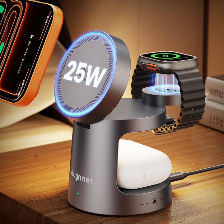 Ladestation Apple Watch und iPhone für Magsafe, 4-in-1 Induktive Ladestation 25W, Klappbar Kabellose