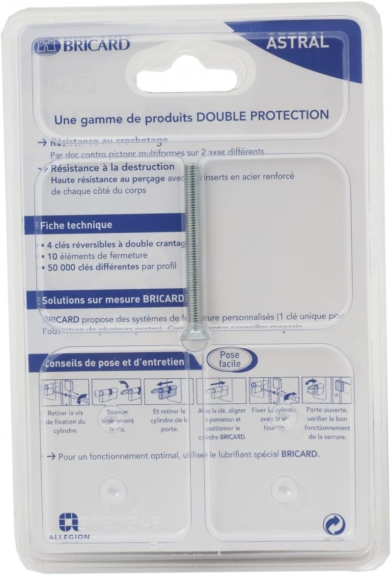 BRICARD 15701 Zylinder Astral 2, 9 Messing vernickelt 10 Kolben, 2 Eingänge 30 + 30, Protektoren geg