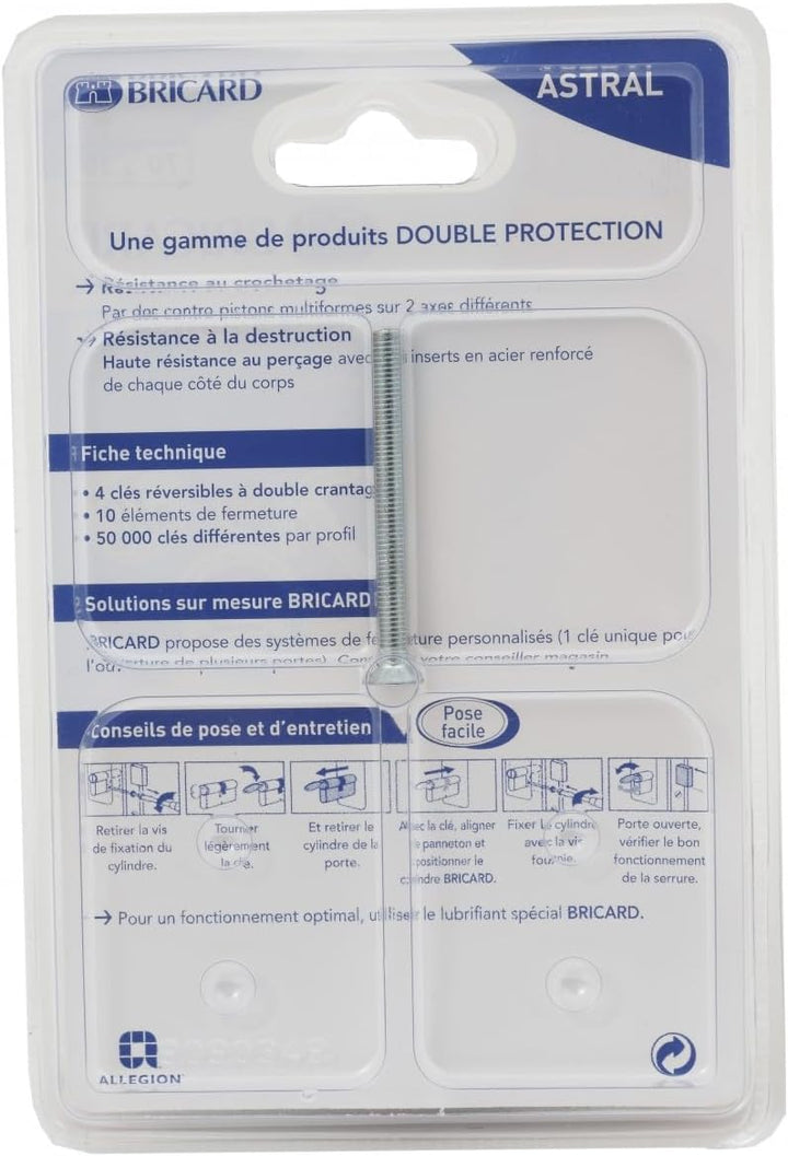 BRICARD 15701 Zylinder Astral 2, 9 Messing vernickelt 10 Kolben, 2 Eingänge 30 + 30, Protektoren geg