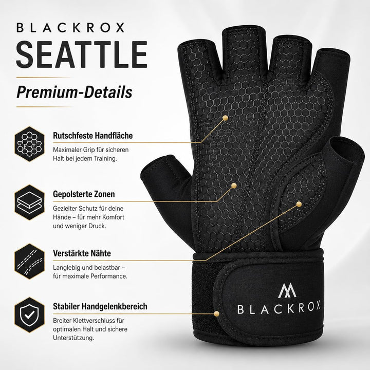 BLACKROX Fitnesshandschuhe Seattle Atmungsaktive Vergleichssieger Fitness Handschuhe mit Handgelenks