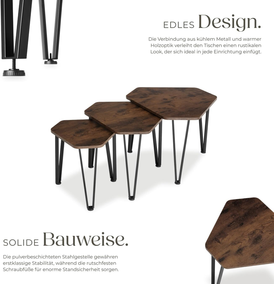 tectake Beistelltisch 3er Set, sechseckiger Couchtisch in 3 Grössen, Industrie-Stil, Holz Satztische