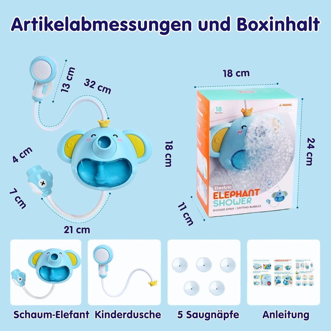 SPITZER TOYS Schaum-Elefant mit Babydusche, Badespielzeug mit Seifenblasen &amp; Musik, Badewannenspielz