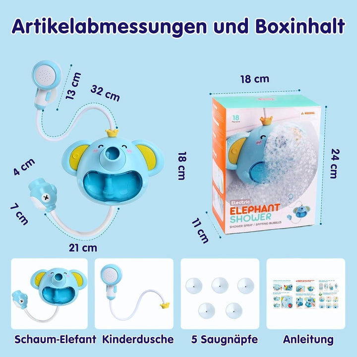 SPITZER TOYS Schaum-Elefant mit Babydusche, Badespielzeug mit Seifenblasen &amp; Musik, Badewannenspielz