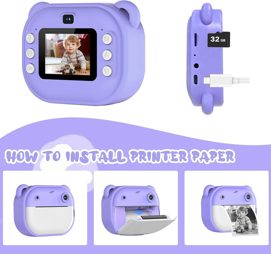 Kinderkamera Sofortbildkamera mit Druckpapier &amp; 32GB TF Karte, 1080P Digitalkamera Kinder Sofortdruc