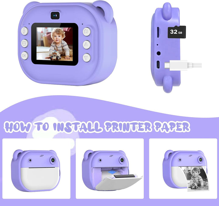 Kinderkamera Sofortbildkamera mit Druckpapier &amp; 32GB TF Karte, 1080P Digitalkamera Kinder Sofortdruc