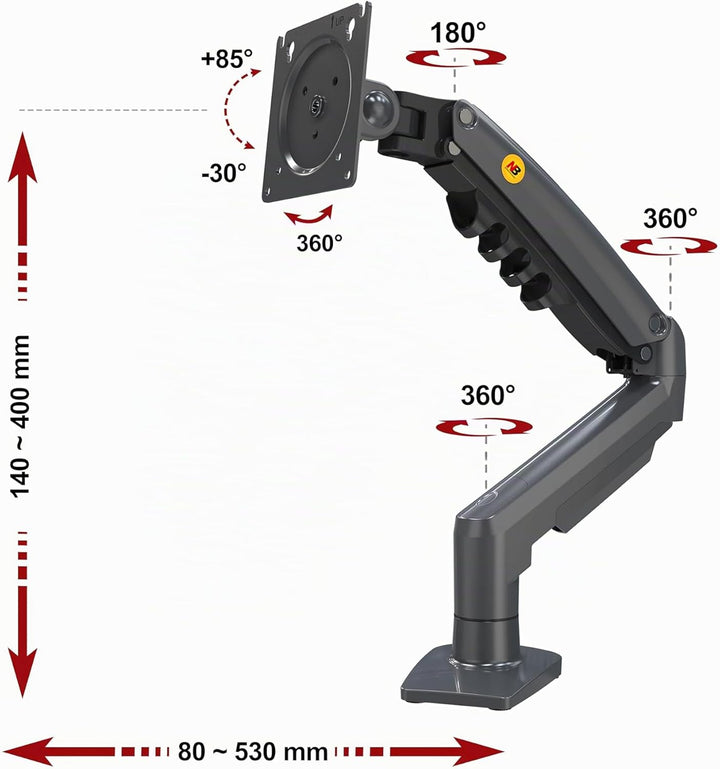 Ergosolid für PC-Monitor, Gelenkarm, ergonomisch, Gasfeder, 17-30 Zoll, VESA 75 mm und 100 mm, drehb