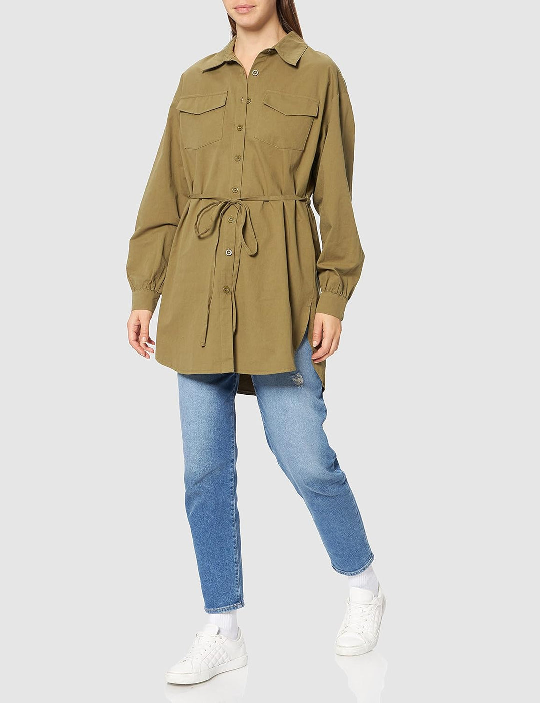 NA-KD Damen Oversized Belted Shirt Hemd 36 Grün, 36 Grün