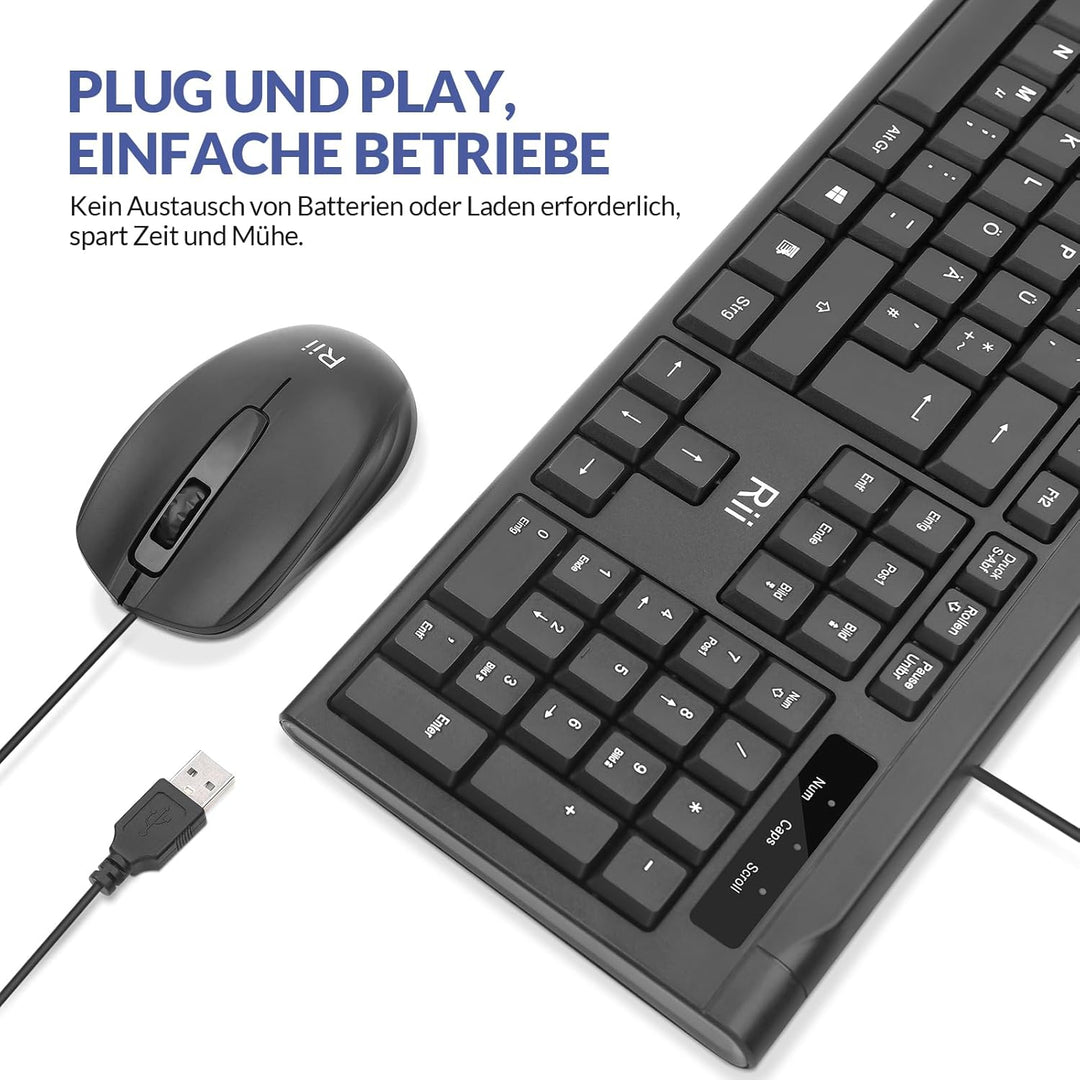 Rii Kabelgebundenes Tastatur-Maus-Set, PC Tastatur mit Kabel, Spritzwassergeschützt, Ergonomisch, US