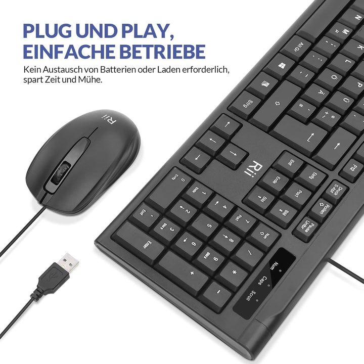 Rii Kabelgebundenes Tastatur-Maus-Set, PC Tastatur mit Kabel, Spritzwassergeschützt, Ergonomisch, US