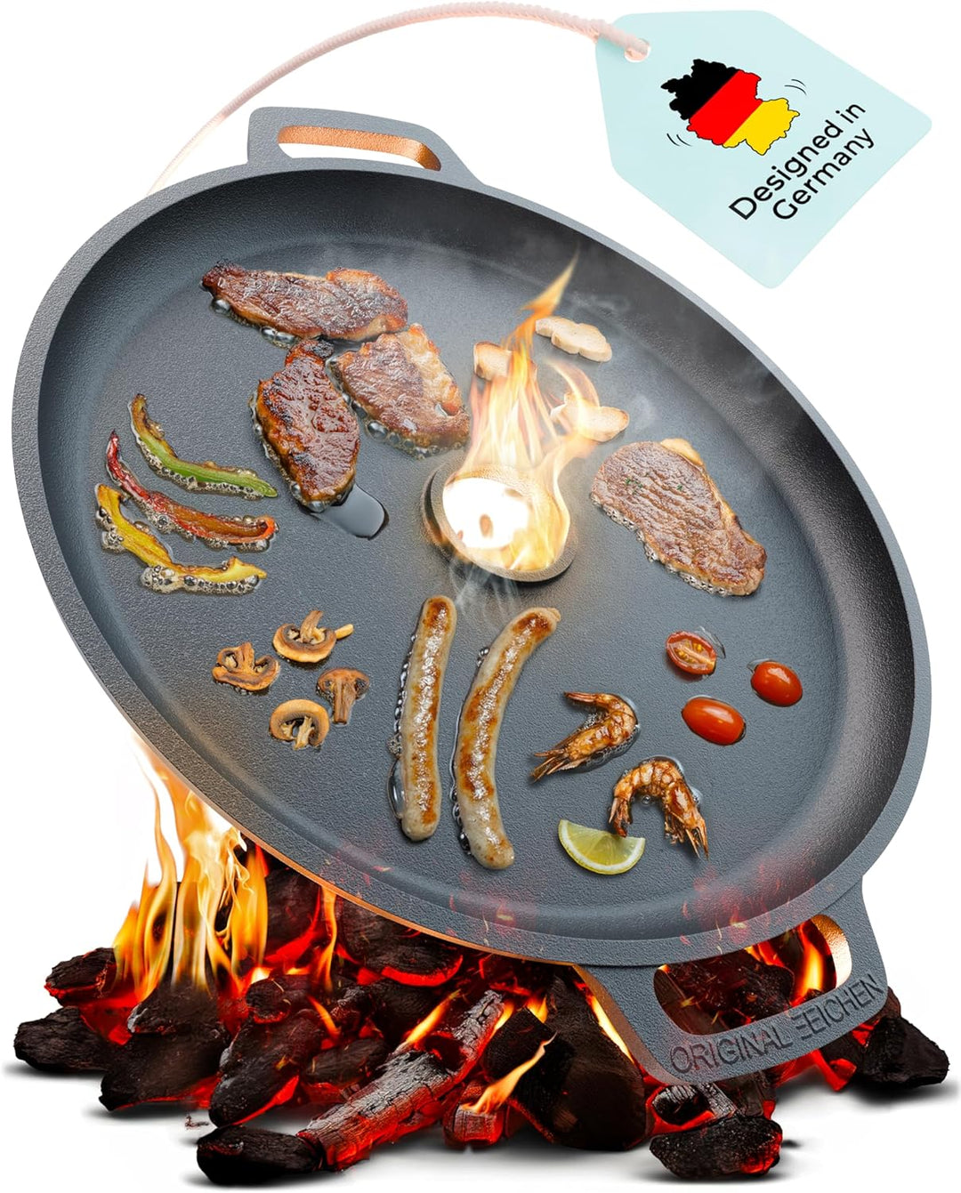 Drei Eichen Feuerplatte aus Gusseisen mit Tropfschutz. Ø35cm. Grillplatte Plancha ideal für Raketeno