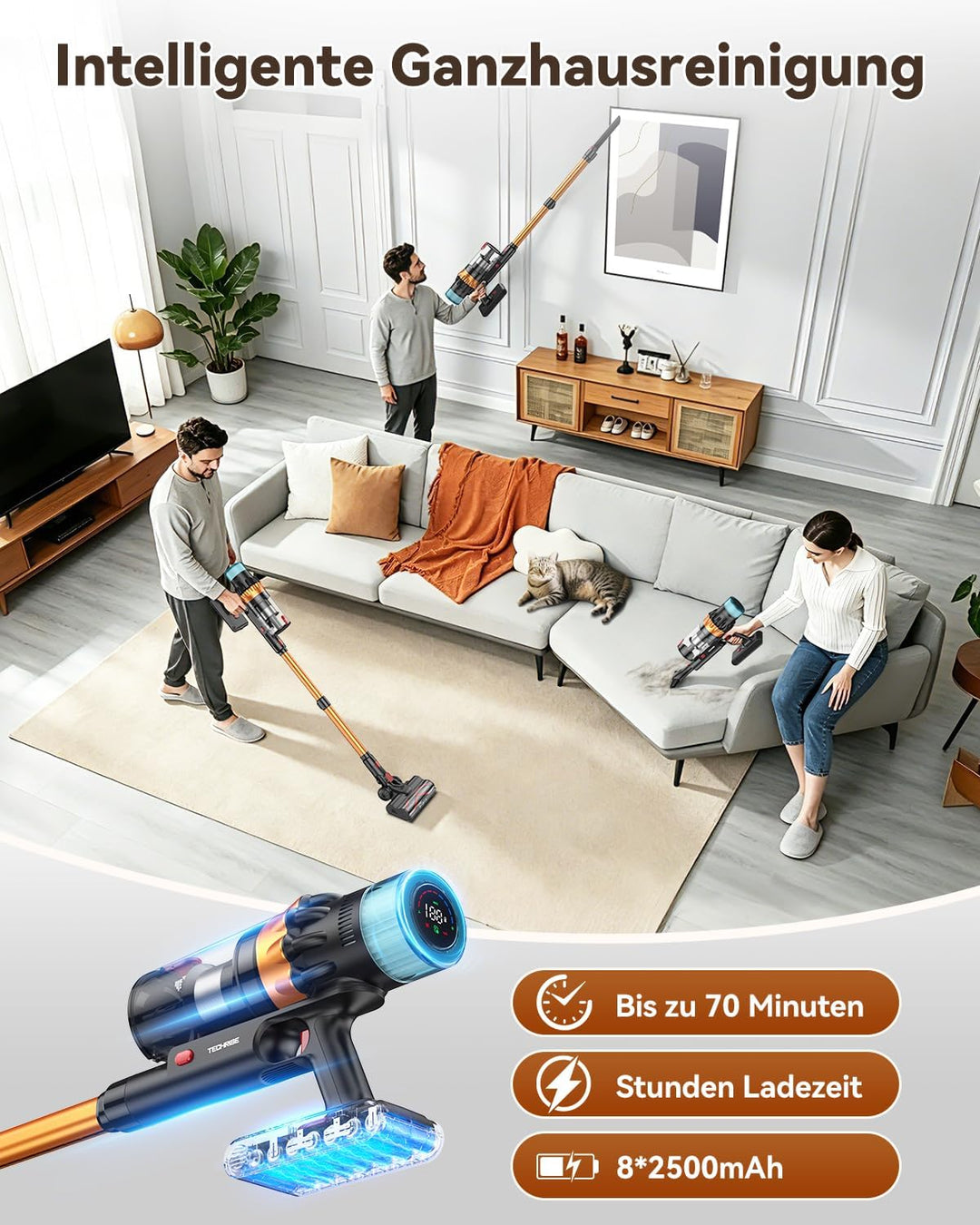TechRise Akku-Stabstaubsauger, 58KPA/680W/70 Min, LED-Touchscreen, 3+Smart-Modi, Anti-Tangle & 8-in-