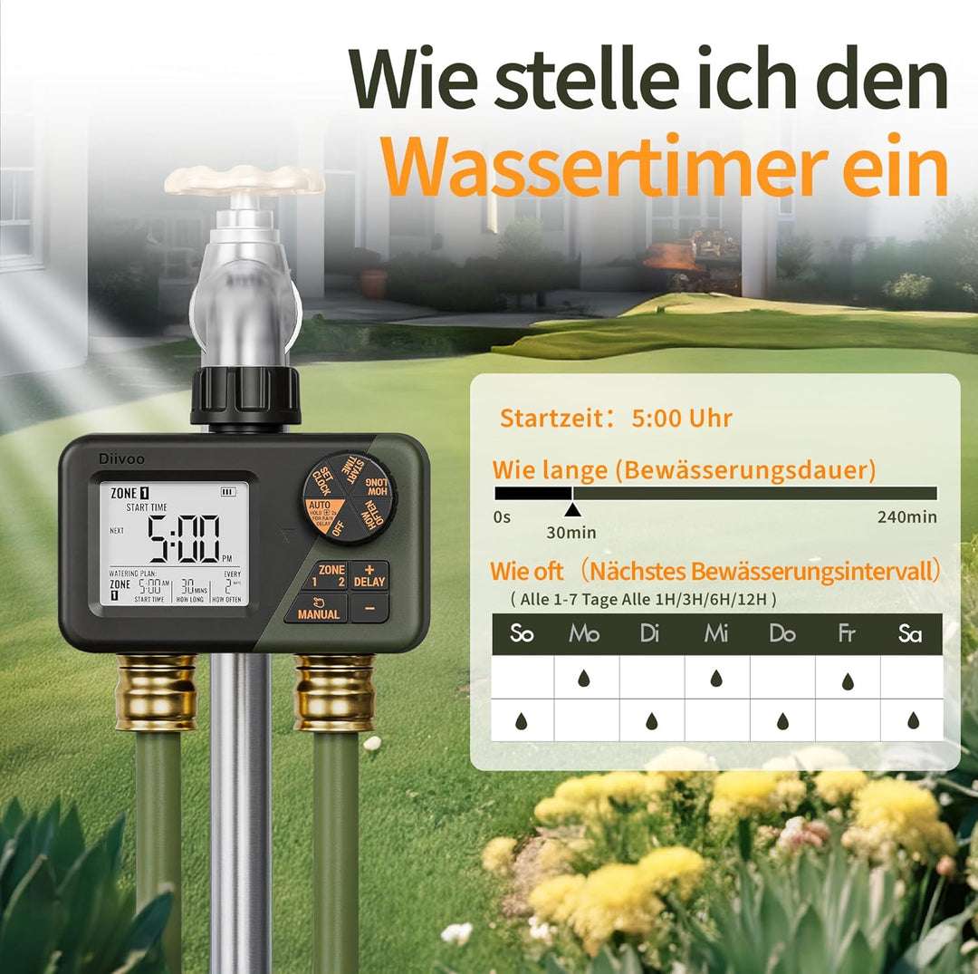 Diivoo Bewässerungscomputer 2 Ausgänge, Programmierbare Wasserschlauch Timer 2 Outlet für Garten, Ou