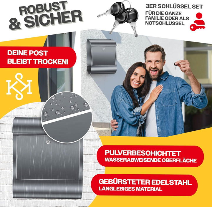 KESSER® Briefkasten XXL Edelstahl Anthrazit, Wandbriefkasten mit Zeitungsfach abschliessbar mit 3 Sc