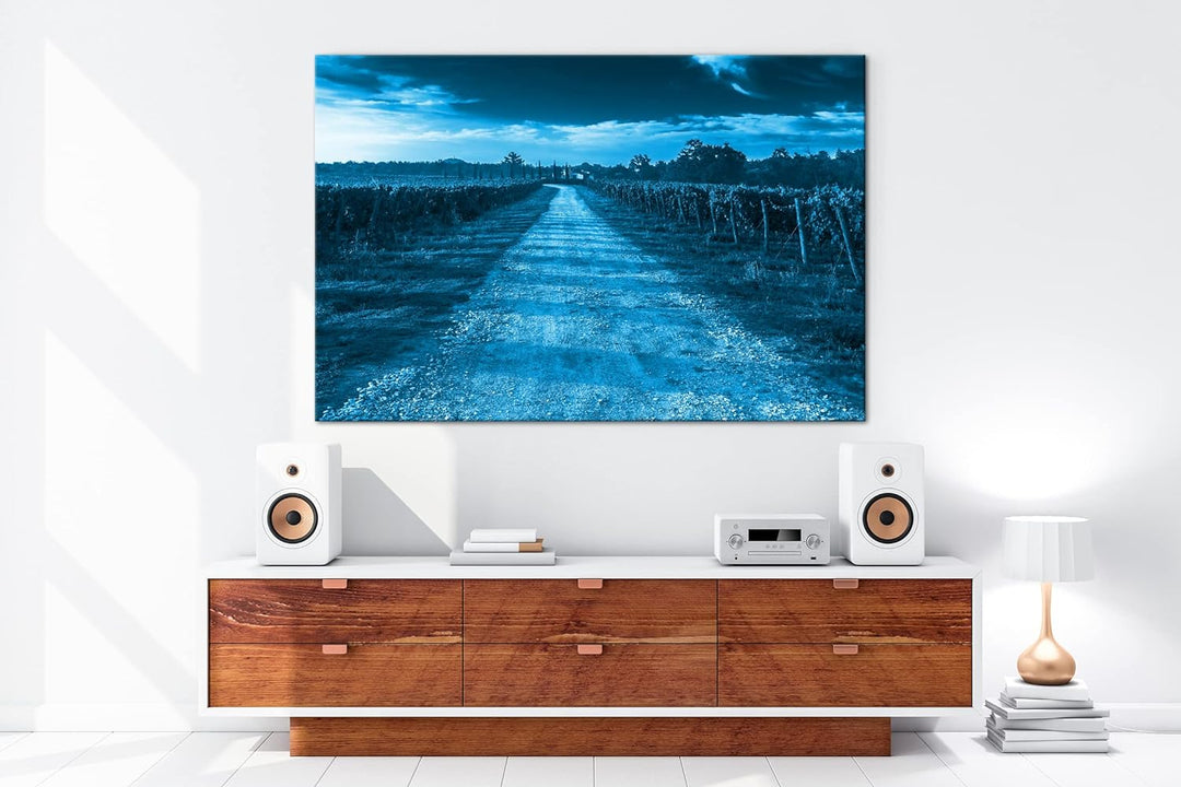 Feldweg in der Toskana Format 80x60 Effekt: Monocrome Blau als Leinwandbild, Motiv fertig gerahmt au