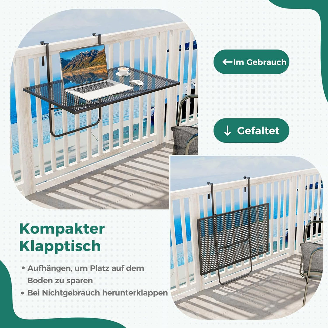 COSTWAY Balkontisch klappbar, Balkonhängetisch zum Einhängen, Klapptisch aus Metall, rechteckiger Hä