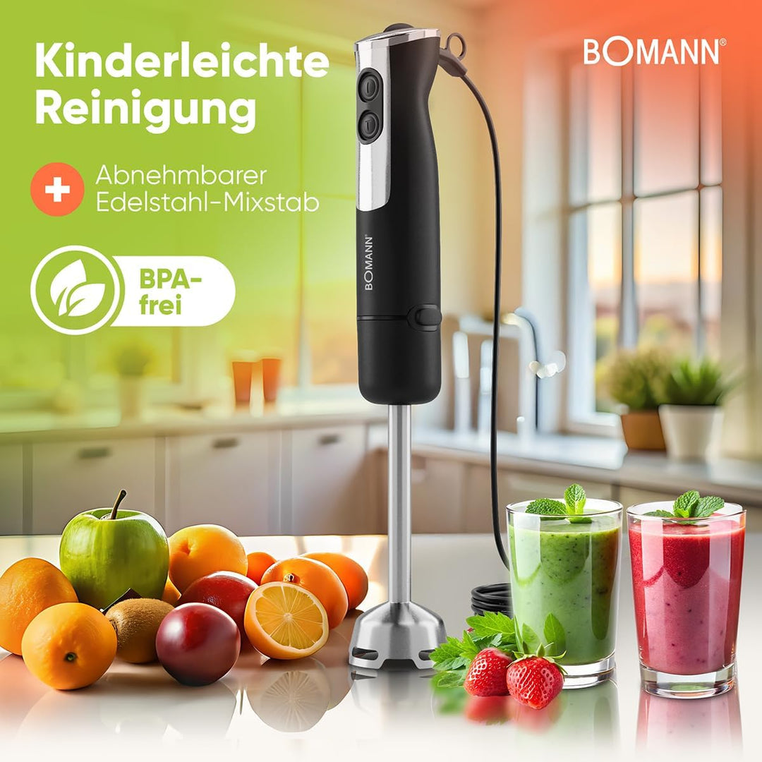 Bomann® Stabmixer 800 Watt mit Turbo-Funktion | Pürierstab mit Edelstahlmesser | 12 Stufen | für Bab