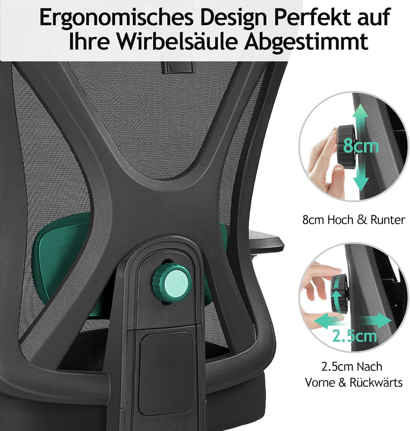 KERDOM Bürostuhl, Ergonomischer Schreibtischstuhl mit Verstellbarer Kopfstütze und Lendenwirbelstütz