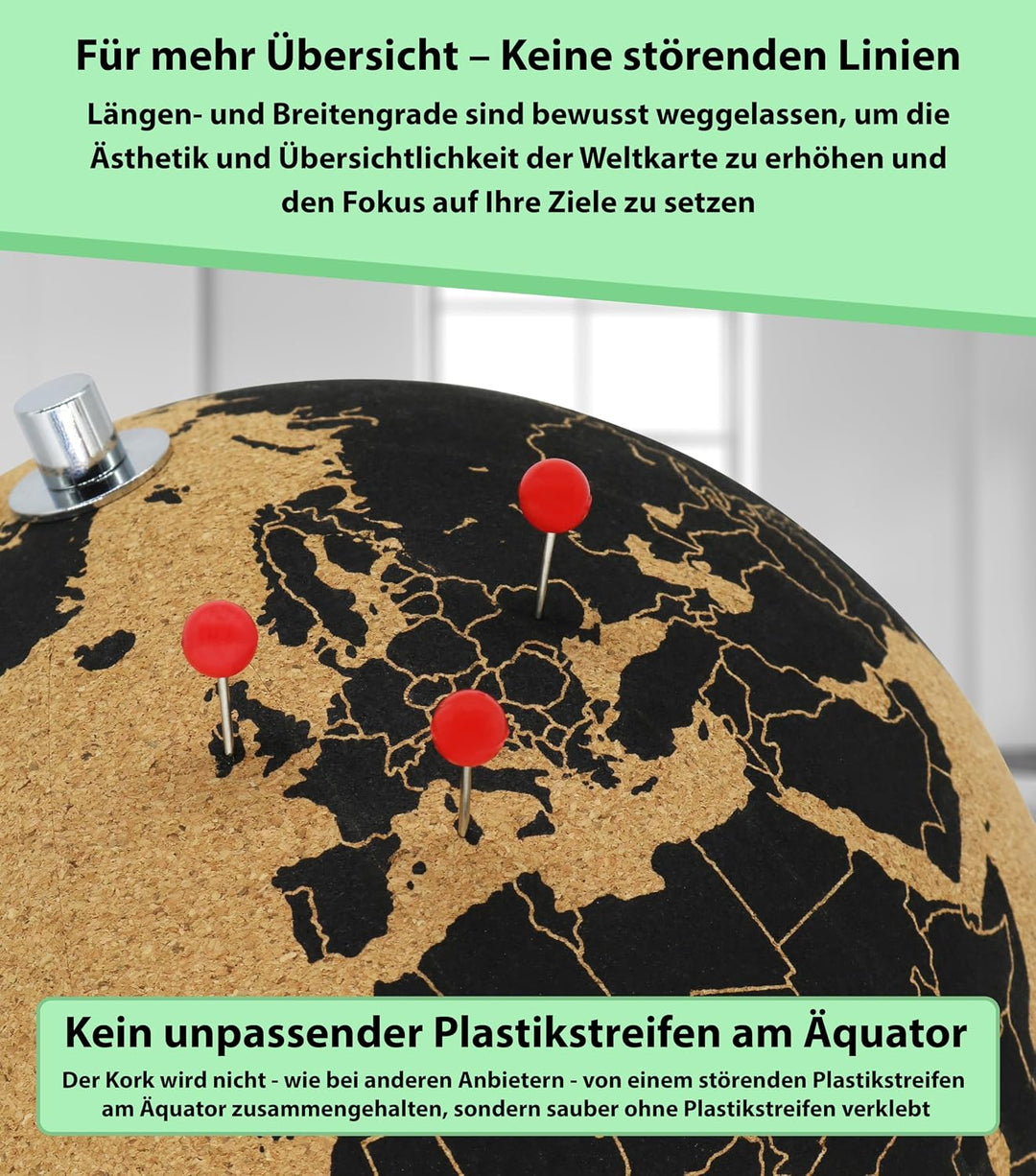 Grosser Korkglobus 33cm hoch mit 104 unterschiedlichen Pinnadeln - grosser drehbarer Globus aus Kork