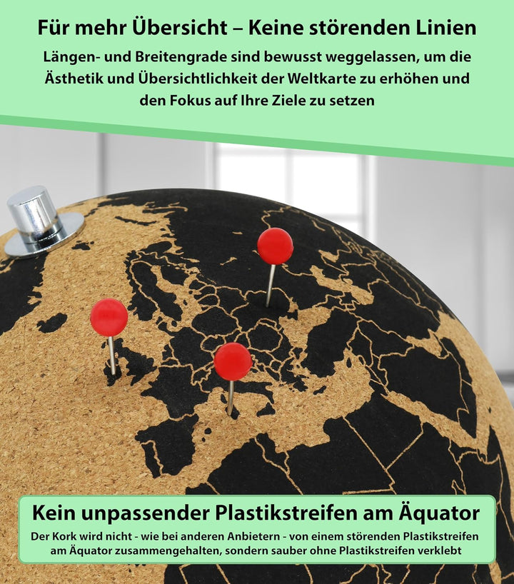 Grosser Korkglobus 33cm hoch mit 104 unterschiedlichen Pinnadeln - grosser drehbarer Globus aus Kork