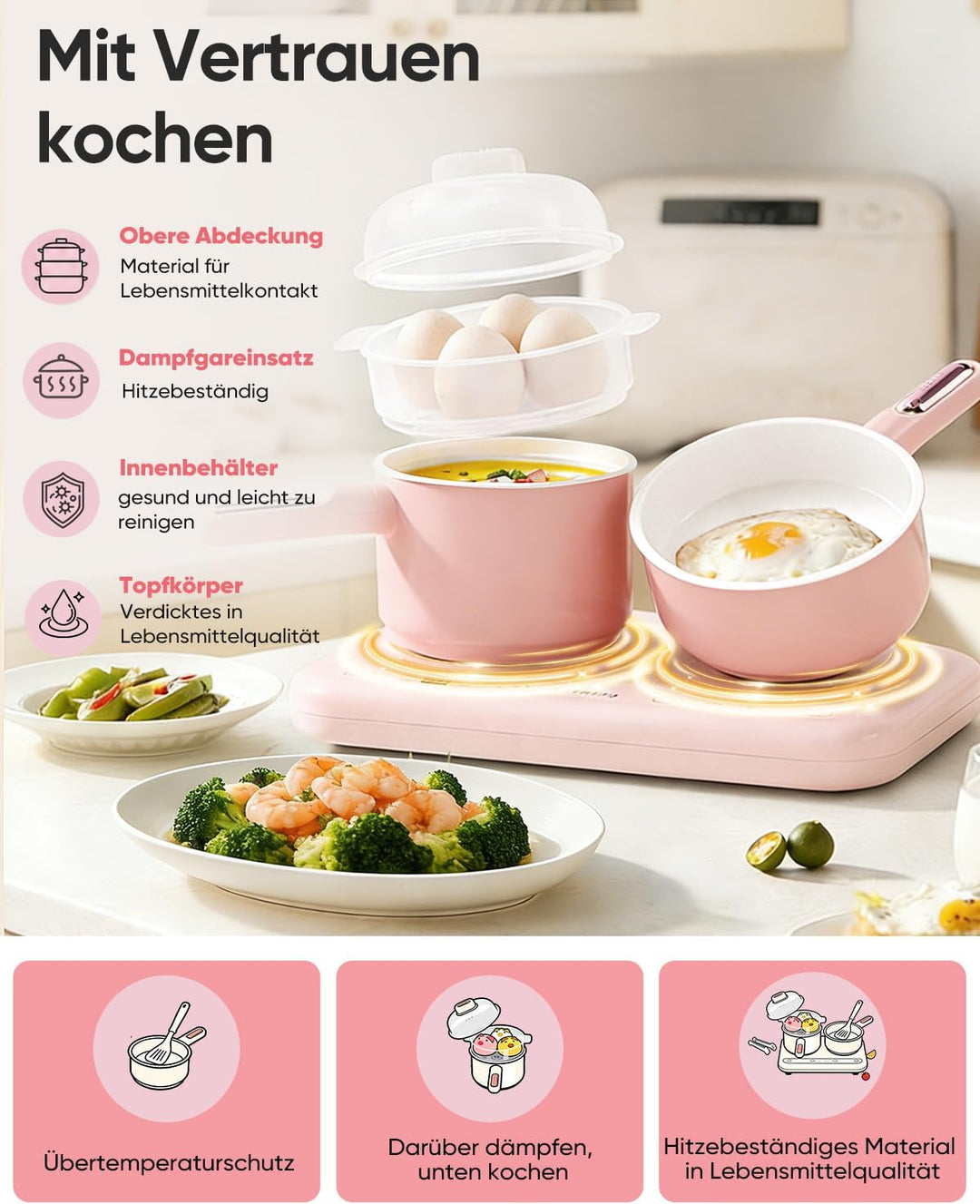Elektrischer Hot Pot Doppelkochfeld Mini Multicooker – Elektro Kochtopf mit Dampfgarer & Suppentopf,