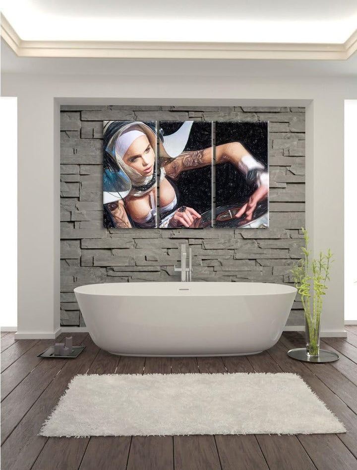 Pixxprint Tätowierte DJ Frau als Leinwandbild/Grösse: 3 Teilig (120x80) cm/Wandbild/Kunstdruck/ferti