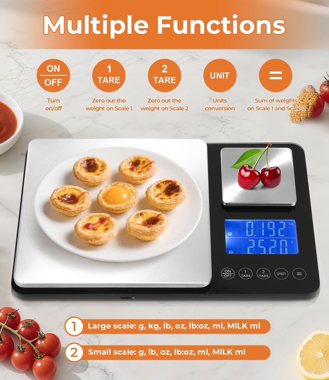 Doppelplattform-Digitalwaage,Digitale Küchenwaage(10kg/1g & 500g/0.01g),USB-Aufladung und Batteriebe