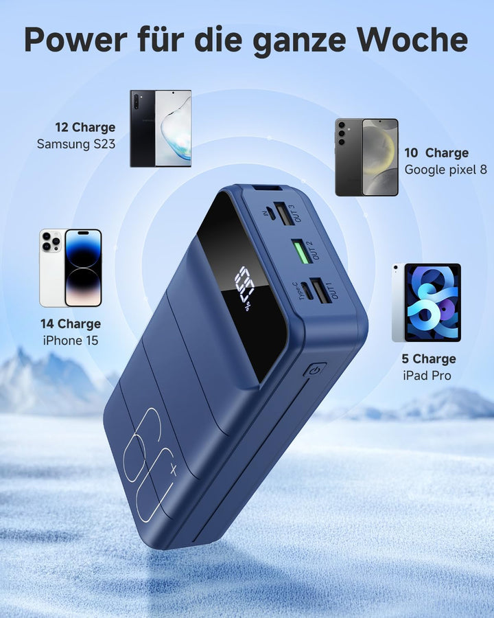 60000mAh Power Bank 22,5 W Powerbank USB-C Schnellladefunktion Externe Akku mit 4 Ausgänge und 2 Ein