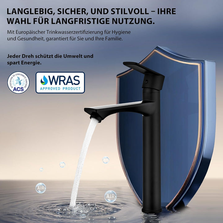 HOMELODY Wasserhahn Bad Schwarz Hoch - Bleifrei Rund Waschtischarmatur mit Auslauf Höhe 250 mm - Ein