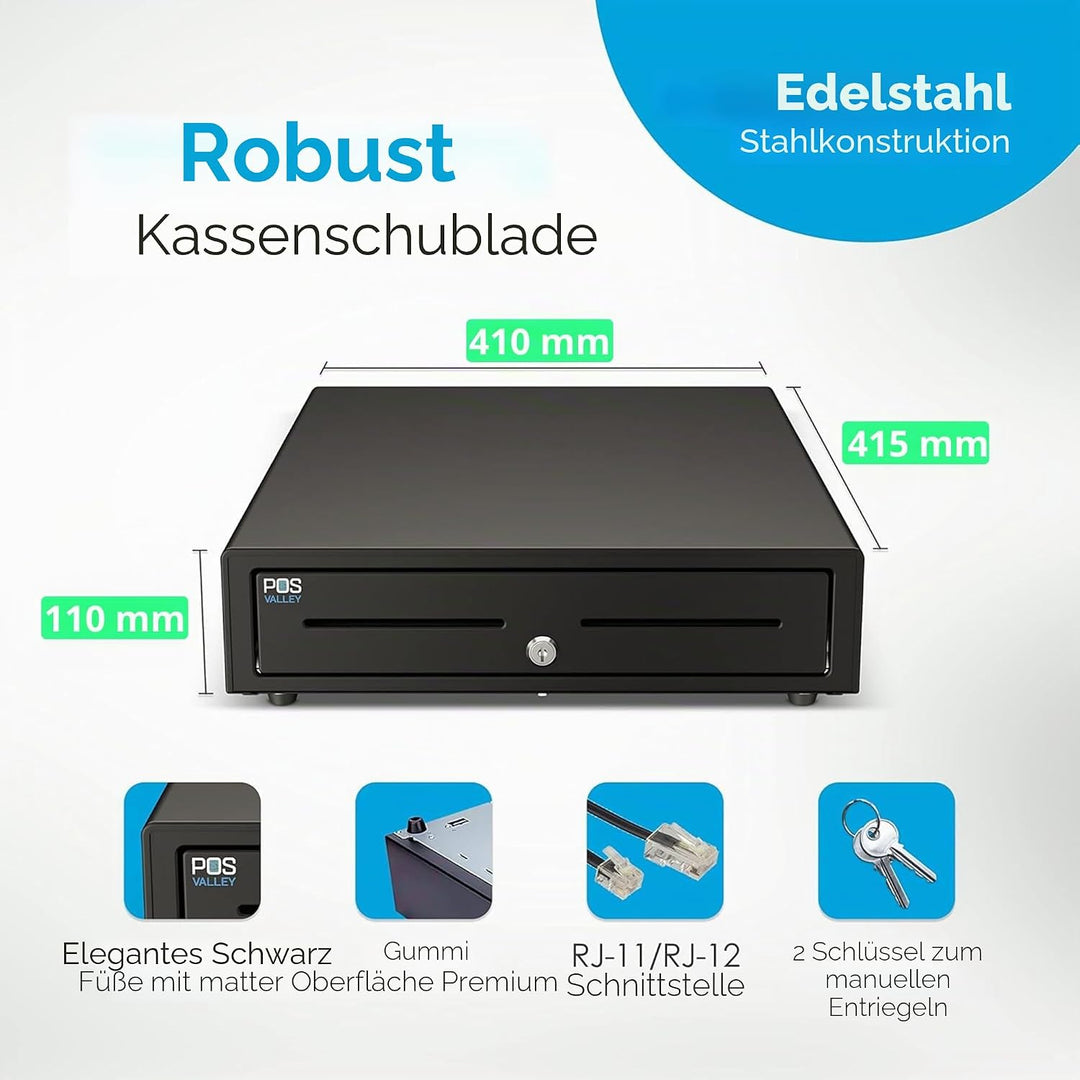 Kassenschublade - Professionelle, Elektrisch (RJ11-12) / Manuell Öffnen - 4 Scheinfächer / 8 grosse