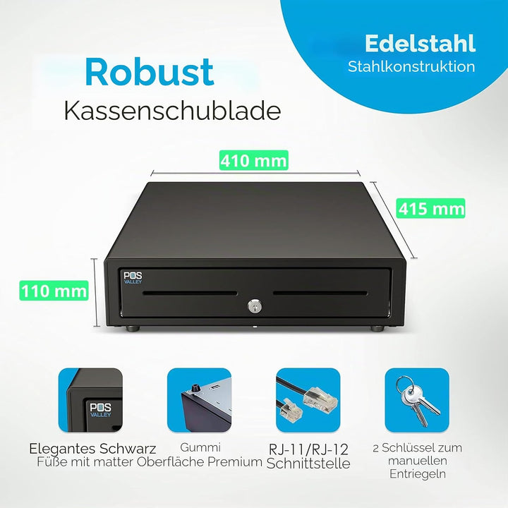 Kassenschublade - Professionelle, Elektrisch (RJ11-12) / Manuell Öffnen - 4 Scheinfächer / 8 grosse