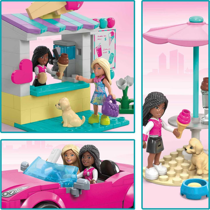 MEGA Barbie Autobauspielzeug Spielset, Cabrio & Eisständer mit 225 Teilen, 2 Mikropuppen und Zubehör