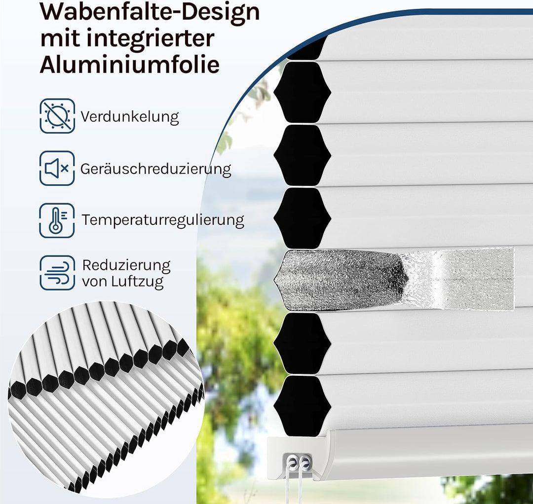WOLTU Wabenplissee ohne Bohren verdunkelung Thermo Doppelplissee Klemmfix Zweifarbig 50x130cm Weiss-