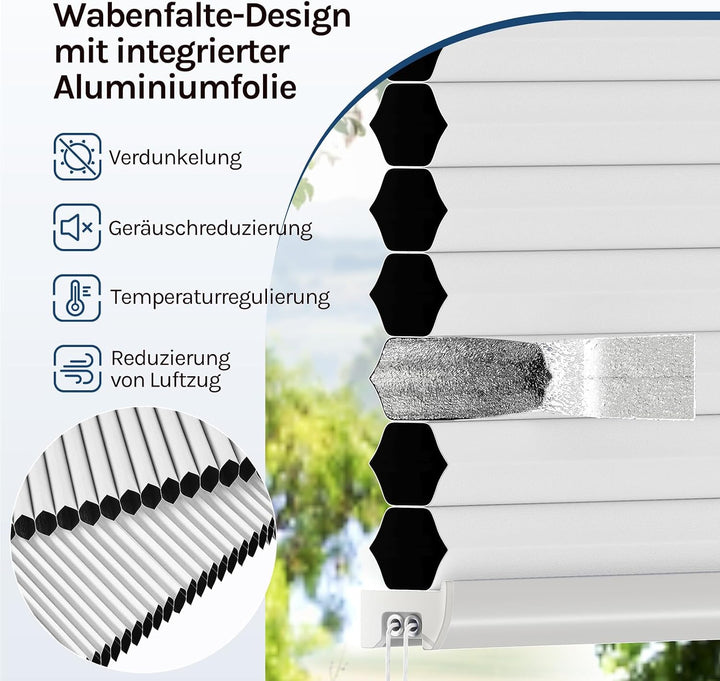 WOLTU Wabenplissee ohne Bohren verdunkelung Thermo Doppelplissee Klemmfix Zweifarbig 50x130cm Weiss-