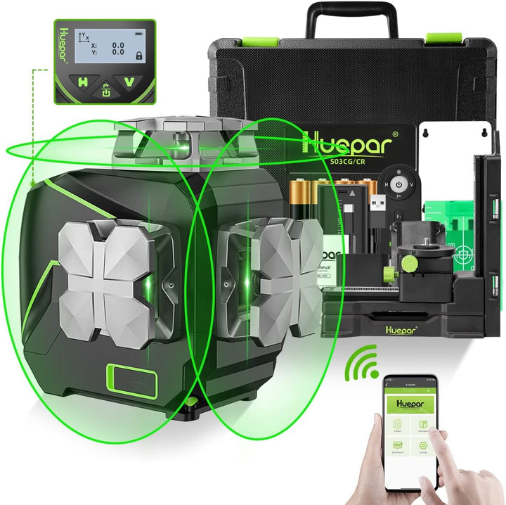Huepar 12 Linien-3D selbstnivellierendes Laserniveau mit LCD-Bildschirm 3 x 360 ° Bluetooth-Verbindu