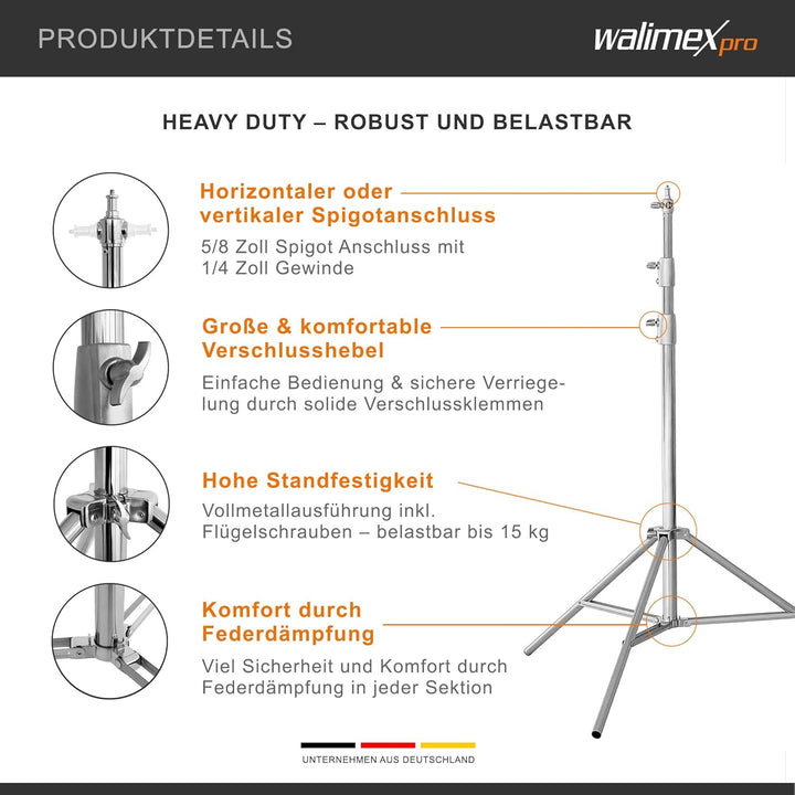 Walimex Pro Heavy Duty Edelstahl Lampenstativ - max. Höhe 270cm, inkl. Tragetasche &amp; Spigotadapter m