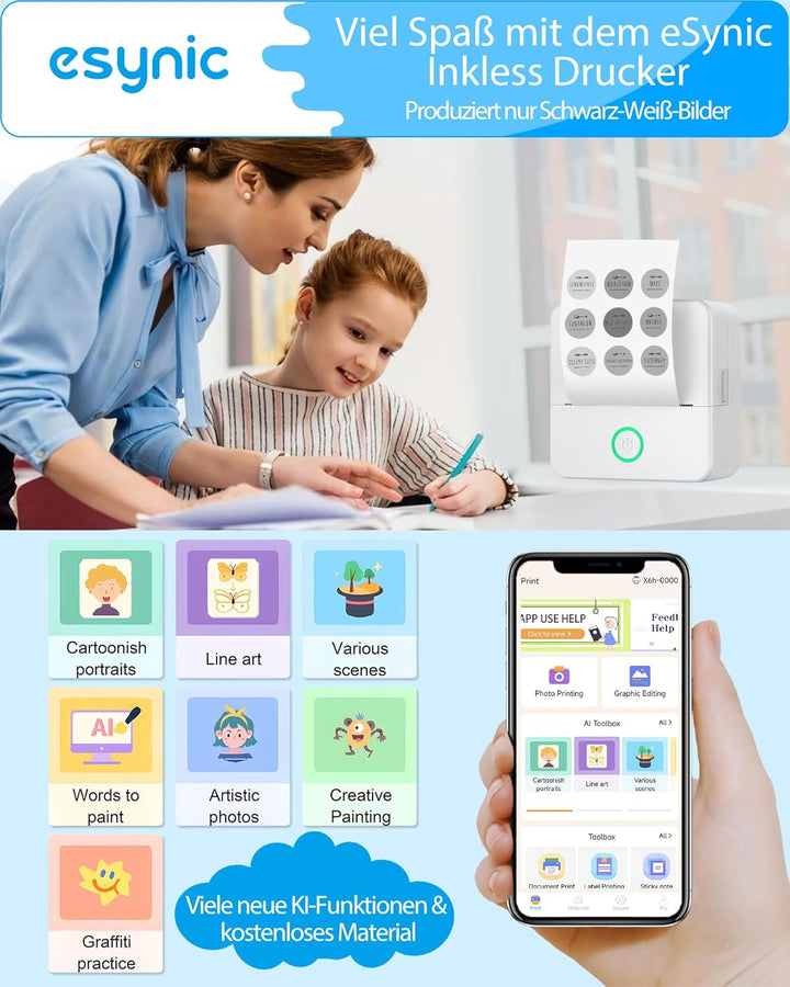 eSynic Tragbarer Mini-Drucker, kompatibel mit Android und iOS, Thermodrucker ohne Tinte oder Toner,