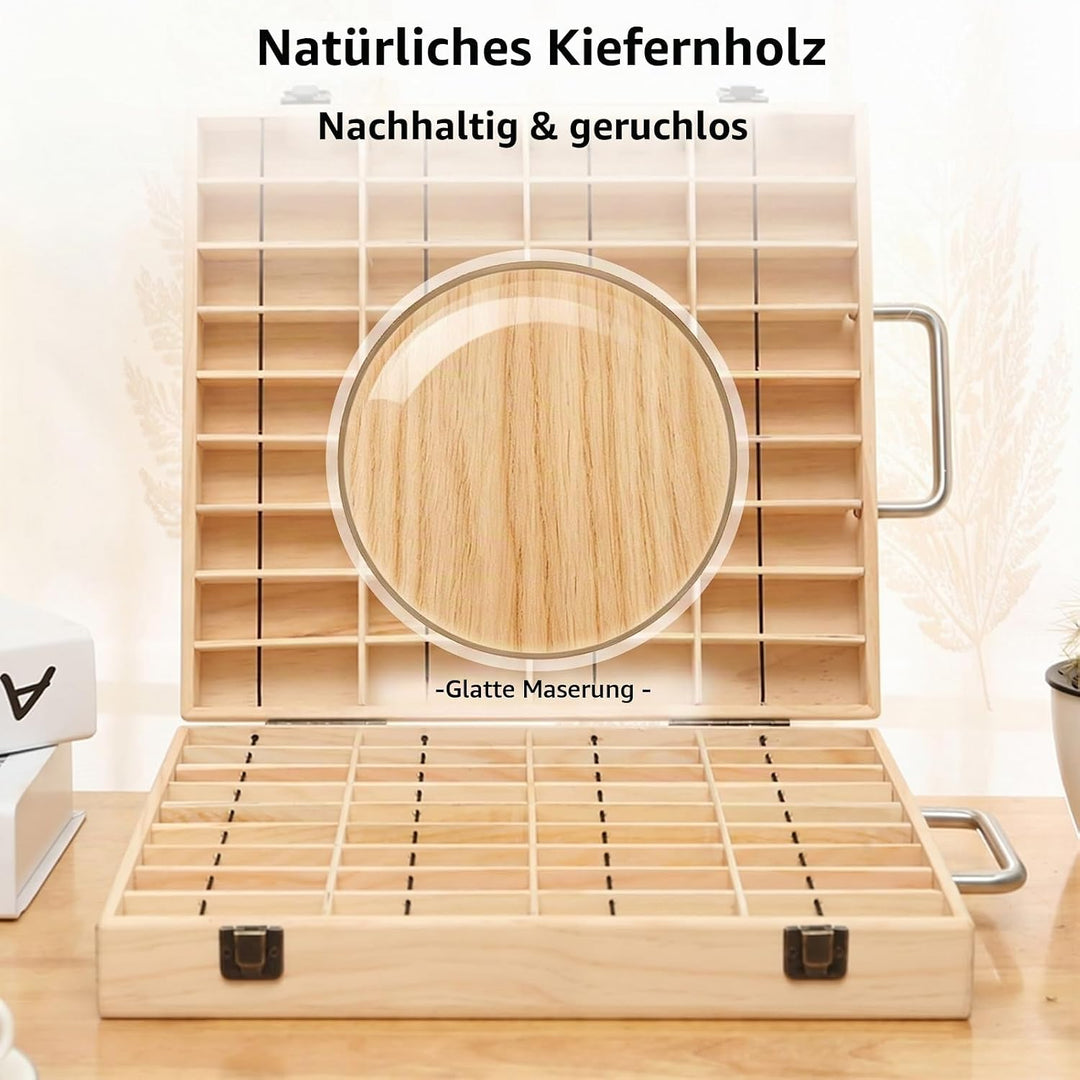 2-Schichtig Ätherisches Öl Organizer aus Massivholz mit 72 Fächern &amp; Gurtband - Aufbewahrungsbox mit