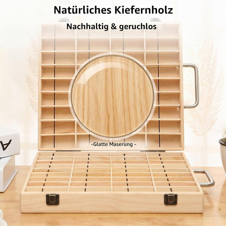2-Schichtig Ätherisches Öl Organizer aus Massivholz mit 72 Fächern &amp; Gurtband - Aufbewahrungsbox mit