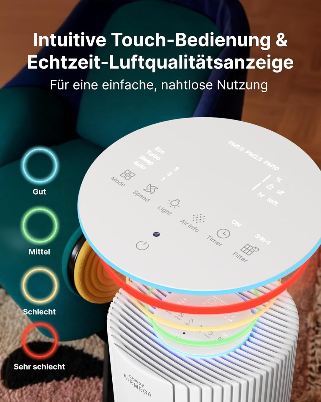 COWAY Luftreiniger für grosse Räume, CADR 734m³/h, reinigt 153m² in 30 Min., HEPA Filter gegen Rauch