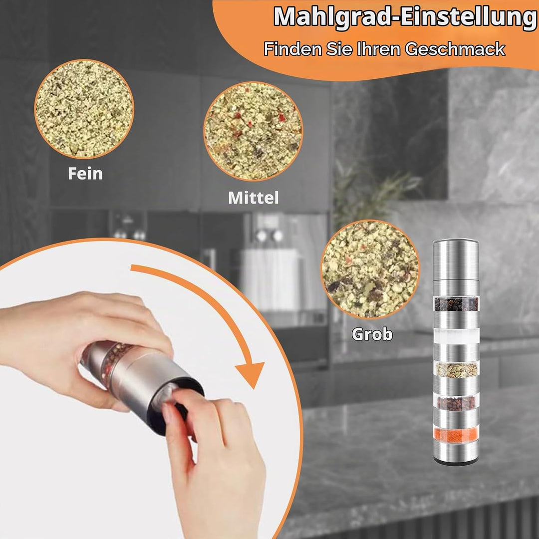 5 in 1 Gewürzstreuer, Edelstahl Gewürzmühle Set, Gewürzdosen Mini Gewürzmühle, Chef Mini Salz- und P