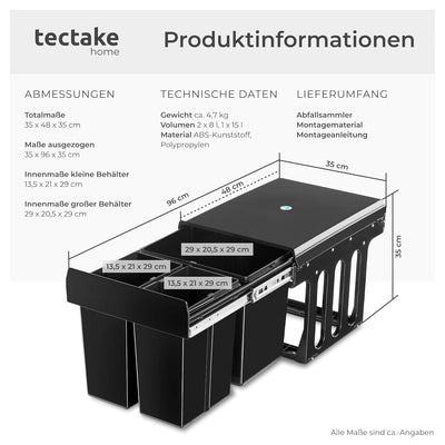 tectake® Abfallsammler, Mülleimer 3 Fächer, Mülltrennsystem Küche, für Schrank, Mülleimer Küche ausz